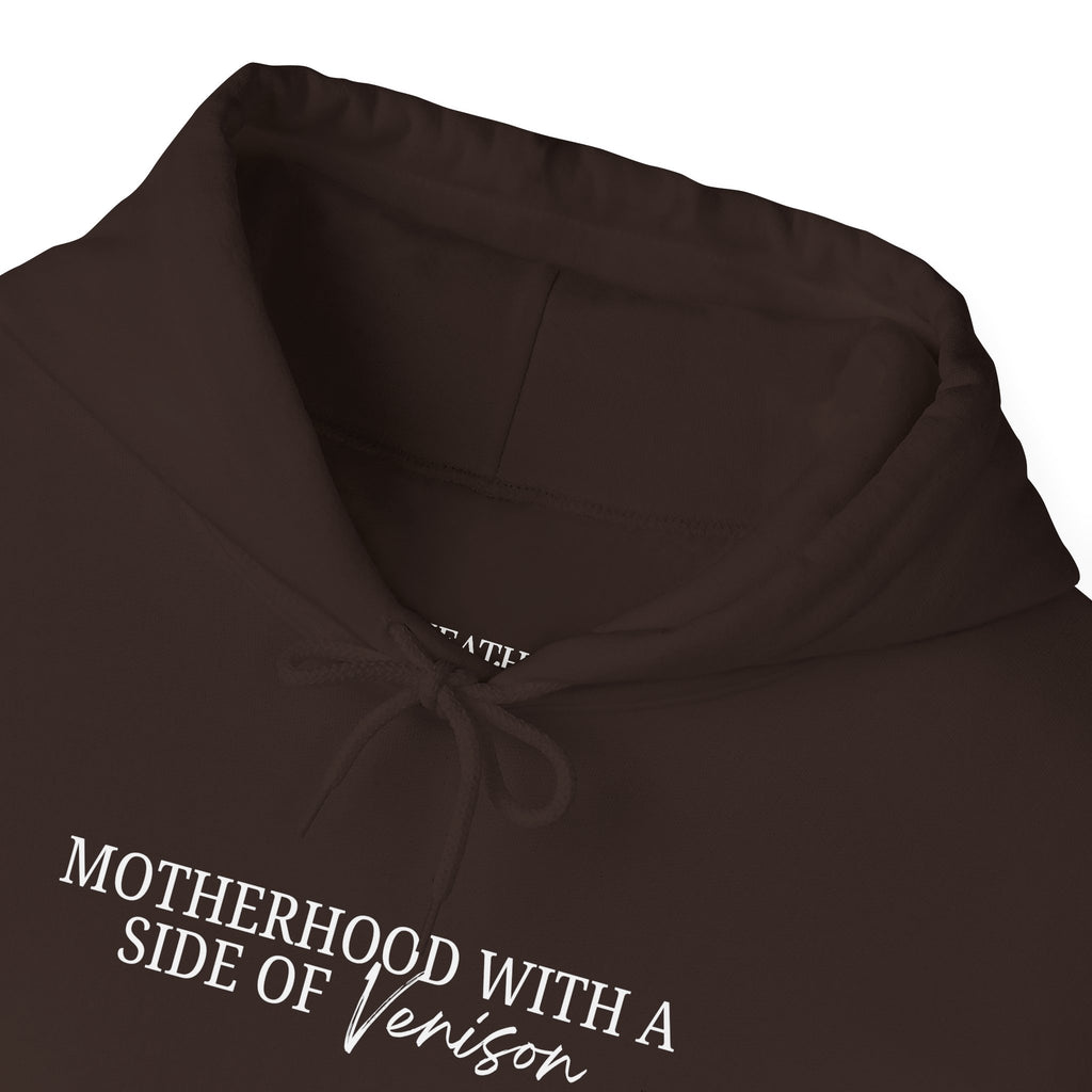 Hoodie — "Motherhood With a Side of Venison" Deer Mom Graphic Hoodie