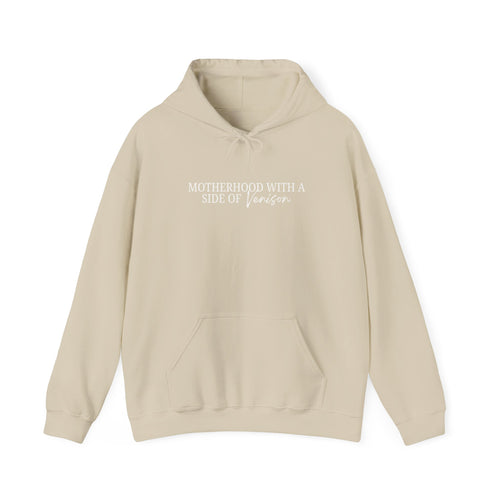 Hoodie — "Motherhood With a Side of Venison" Deer Mom Graphic Hoodie