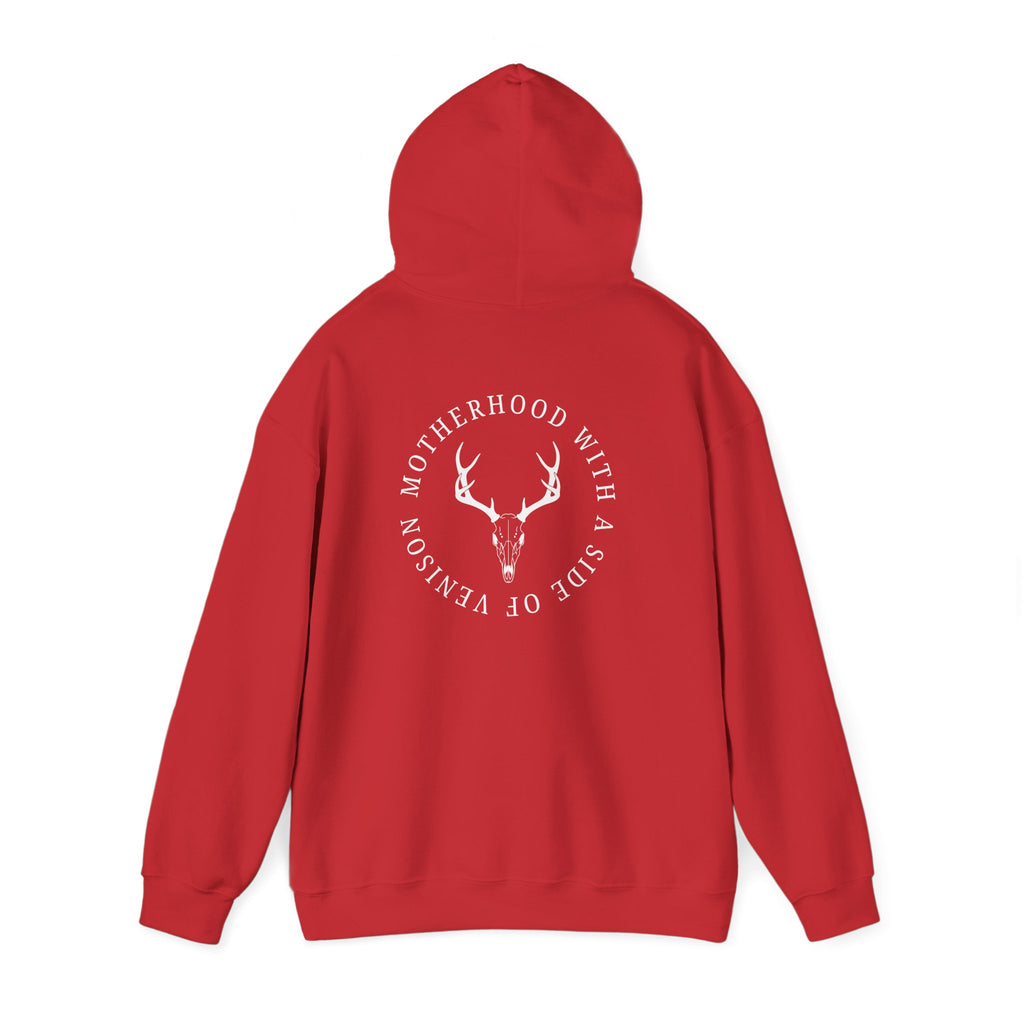 Hoodie — "Motherhood With a Side of Venison" Deer Mom Graphic Hoodie