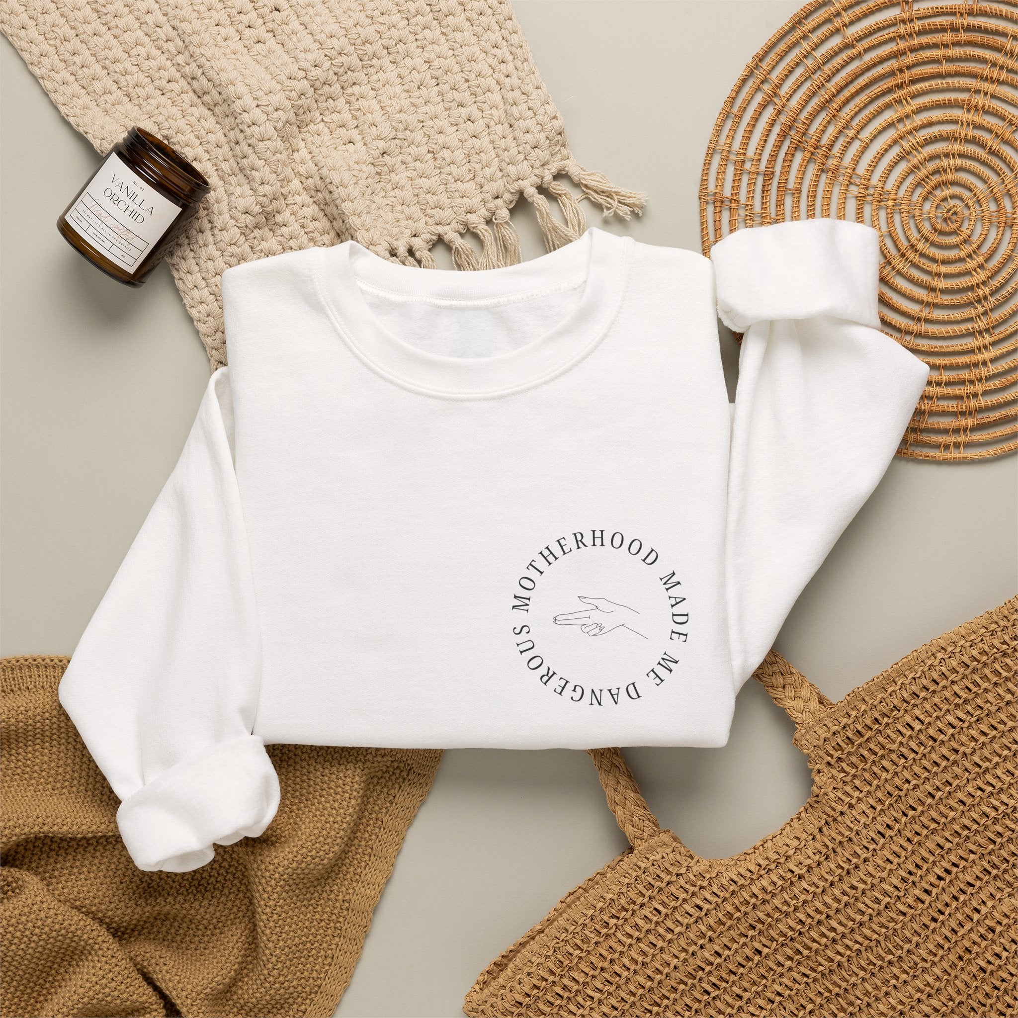 Crewneck Sweatshirt — Minimal 'Motherhood Made Me Dangerous' Graphic Crew
