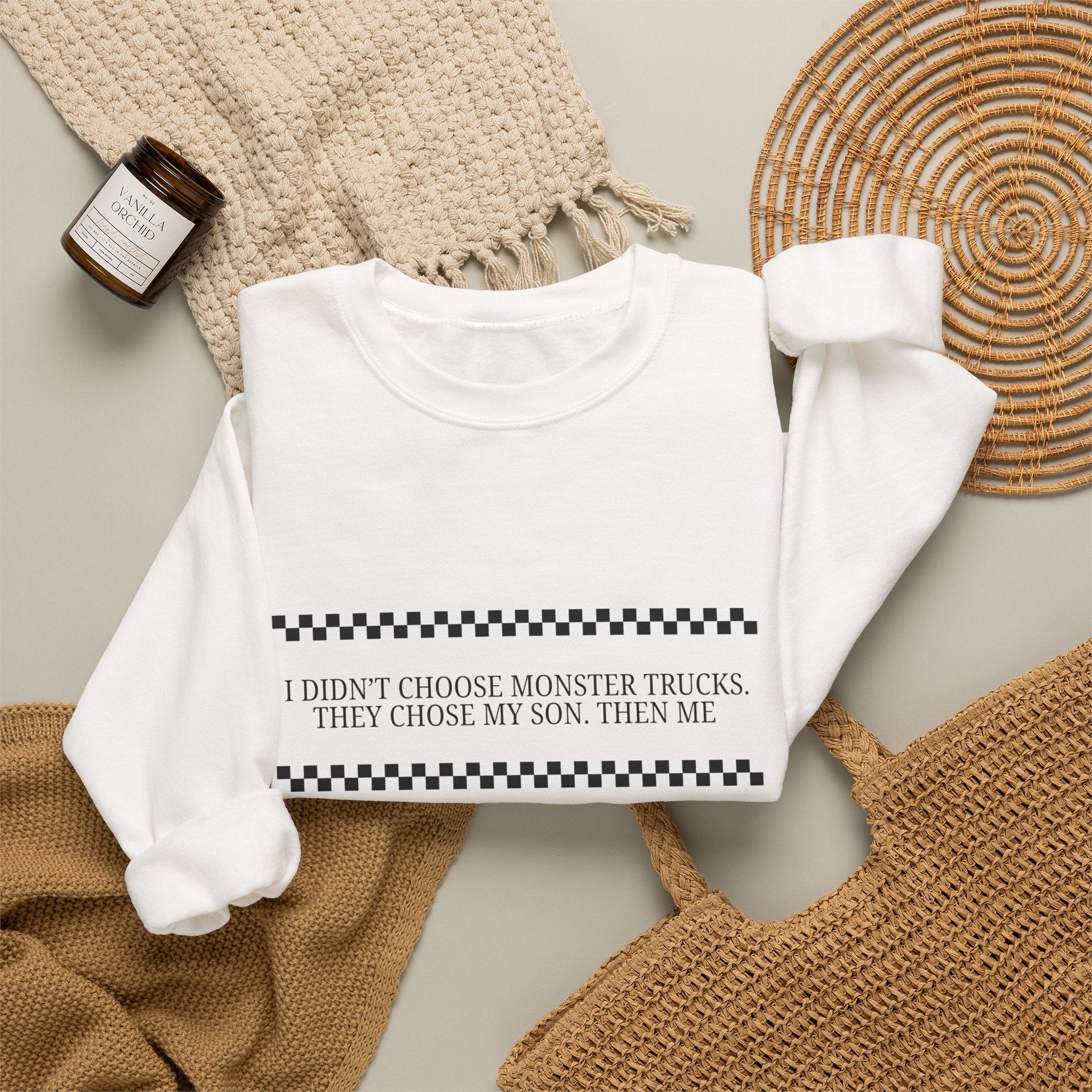 Crewneck Sweatshirt — “I Didn't Choose Monster Trucks They Chose My Son, Then Me” Minimalist Racing Stripe Design